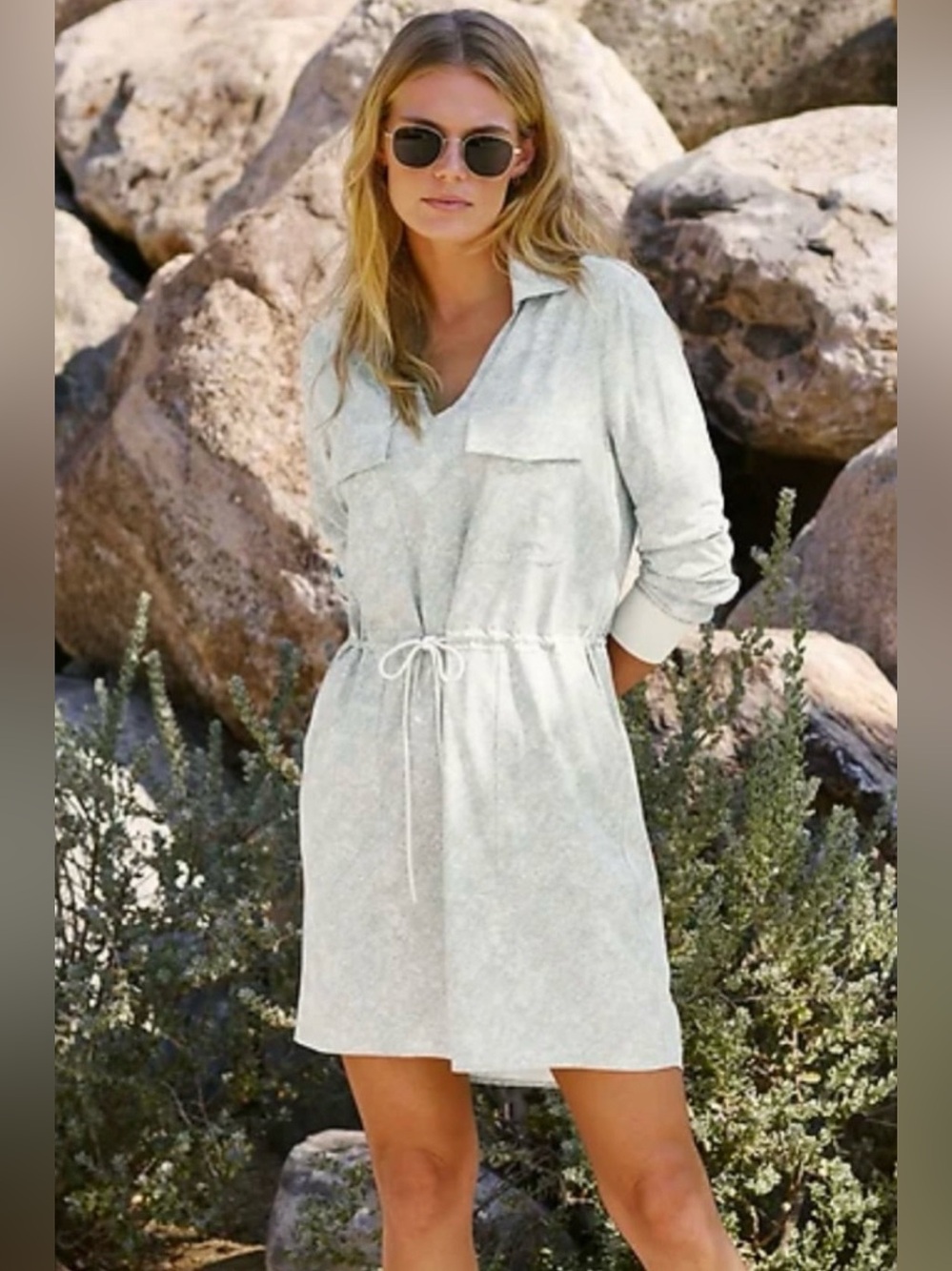 NWT Athleta Zuma Printed Shirtdress, Sz. XS, Gray/Cream Print, Lightweight
